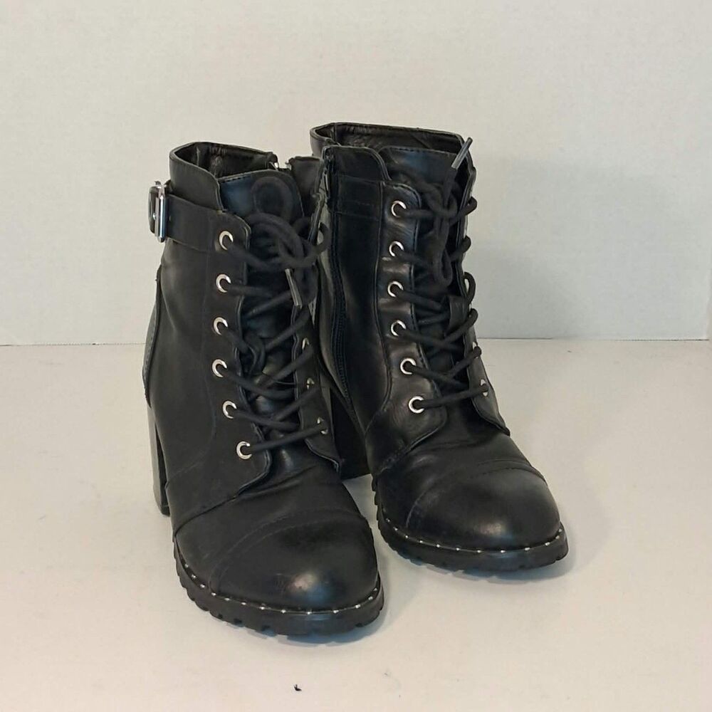 Diba Carryn Black Faux Leather 3.25 in Block Heel Combat Boots US 10 Studded